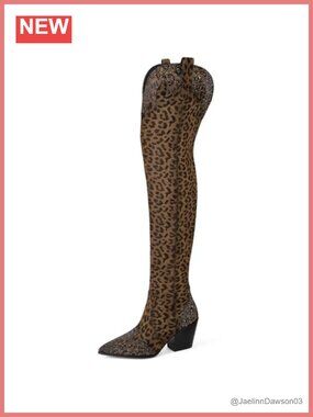 Thigh High Cowboy Boots Pointed Toe Chunky Heel Rhinestone Fall Over Knee Boots